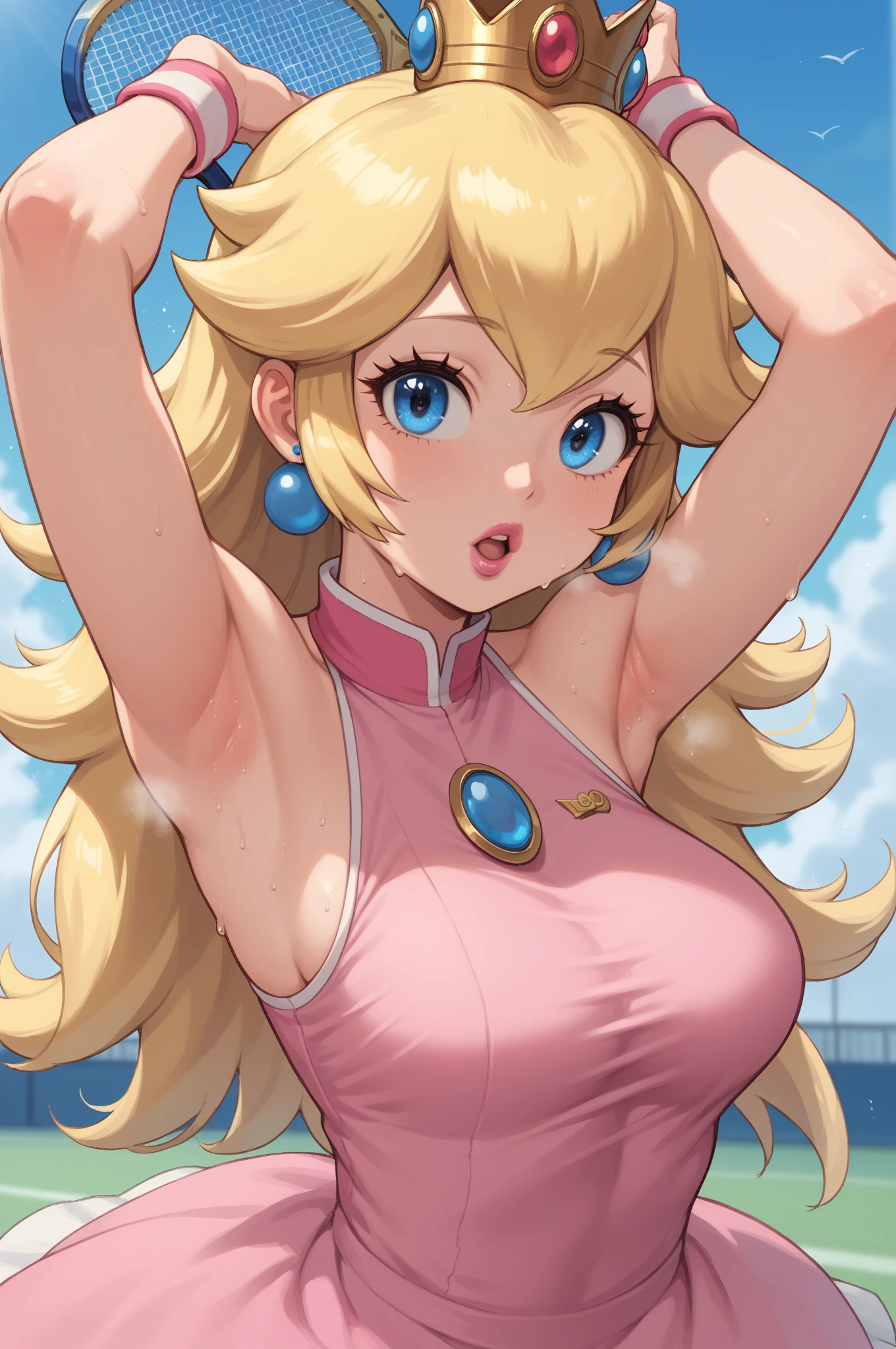 score_9_up, score_8_up, score_7_up, source_anime, (masterpiece, perfectly detailed, detailed face, detailed eyes, beautiful eyes), CuteMaster_PS, 1girl, princess peach, blonde hair, crown, blue eyes, long hair, jewelry, tennis racket, sleeveless, earrings, ball, armpits, holding, medium breasts, half body, pink dress, wristband, sportswear, parted lips, shirt, pink lips, out of breath, sweaty, open mouth