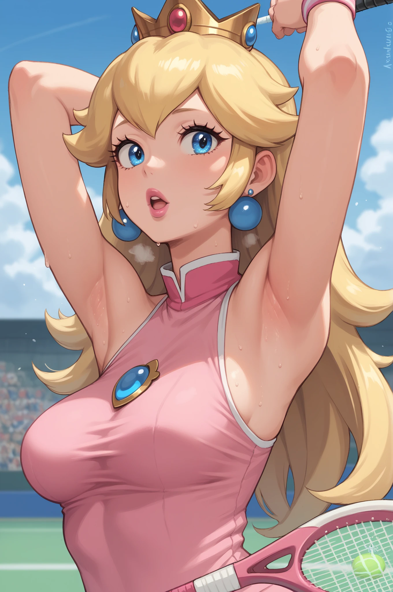 score_9_up, score_8_up, score_7_up, source_anime, (masterpiece, perfectly detailed, detailed face, detailed eyes, beautiful eyes), CuteMaster_PS, 1girl, princess peach, blonde hair, crown, blue eyes, long hair, jewelry, tennis racket, sleeveless, earrings, ball, armpits, holding, medium breasts, half body, pink dress, wristband, sportswear, parted lips, shirt, pink lips, out of breath, sweaty, open mouth