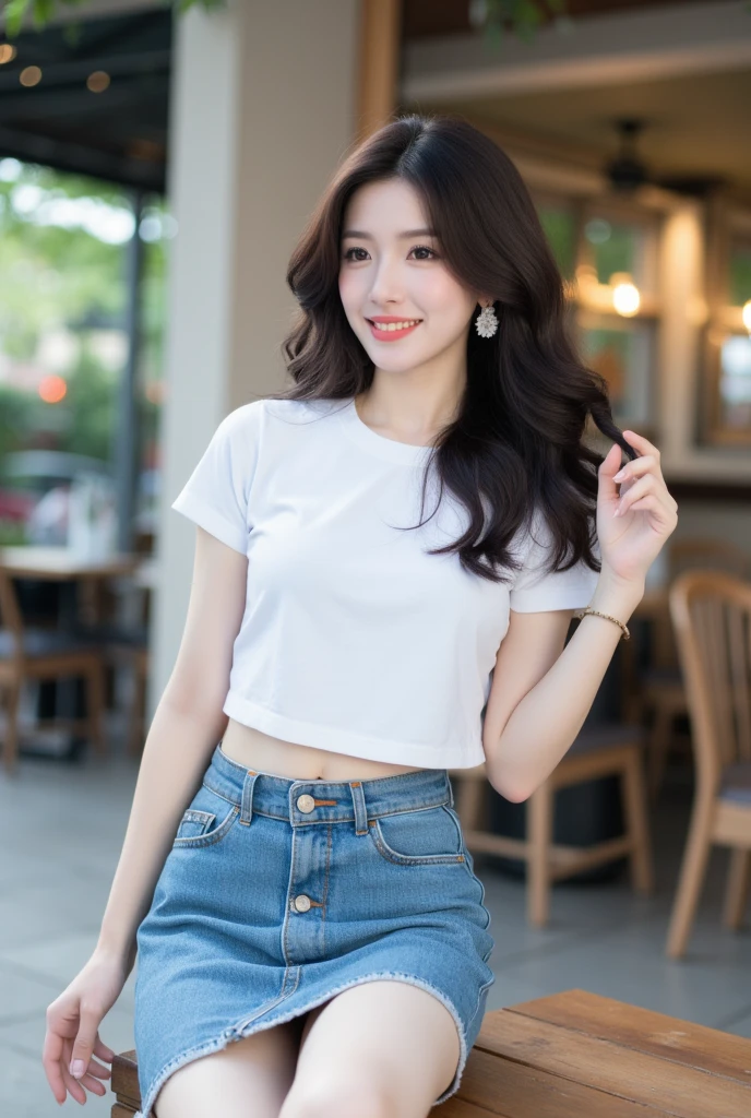 . The image is a digital graphic of a Thai woman. ,White skin and brown hair , Looking with a neutral face color . Smiling, seeing white teeth,, facial features including black eyes and a slight smile..  Cafe Background , focusing attention on her face,, wearing a cropped T-shirt, round neck, short sleeves, white , Short Pencil Blue Denim Skirt, wearing white sneakers ,Random Poses,Standing posture,alone