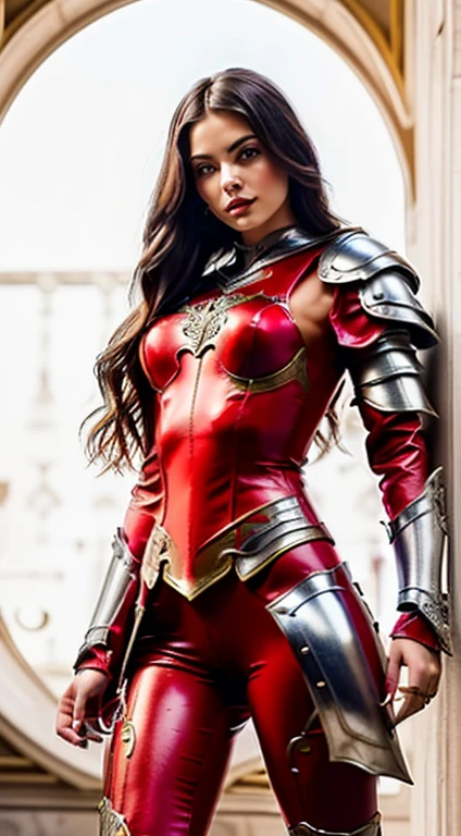 (1 girl), (Megan Fox:1.25), (Sheer white skin:1.25), Beautiful female vampire dressed in ornate medieval vampiric medieval red tones metallic chrome armor, (Extreme muscle definition:1.5), (vampiric armor:1.25), (huge muscular arms:1.5,) (10-Pack Abs:1.4), (many veins:1.25), ultra realistic, face and eyes very detailed, a true masterpiece, with an atmosphere of terror, gothic, bloodstains, under the moonlight ,She is standing , extremely muscular 