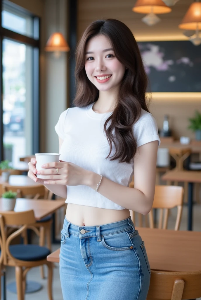 . The image is a digital graphic of a Thai woman. ,White skin and brown hair , Looking with a neutral face color . Smiling, seeing white teeth,, facial features including black eyes and a slight smile..  Cafe Background , focusing attention on her face,, wearing a cropped T-shirt, round neck, short sleeves, white , Short Pencil Blue Denim Skirt, wearing white sneakers ,Random Pose ,Standing posture,Alone in a cafe