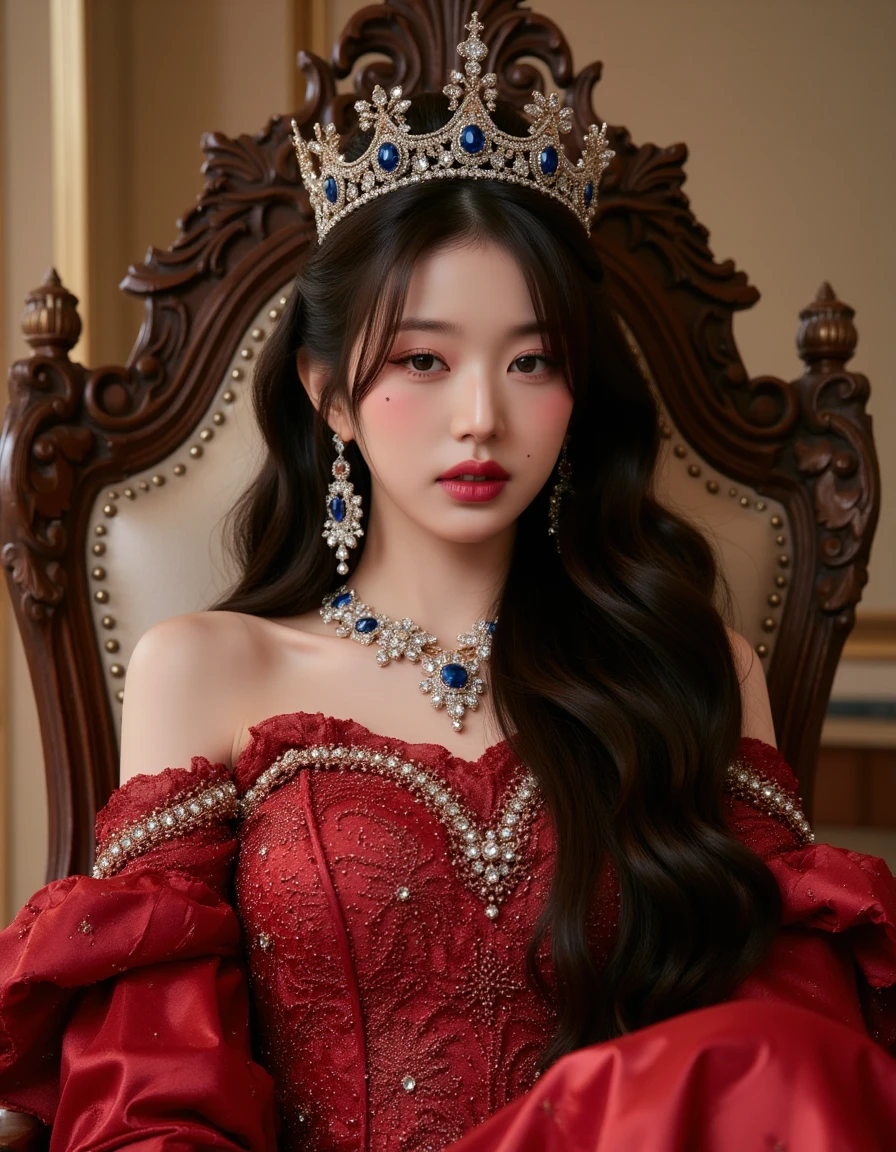 1 girl,beautiful korean girl,long wavy hair , wearing red Queen uniform,diamond embellishment on uniform, studio lighting, , dslr, soft lighting, high quality, light reflections,natural makeup, pale skin, detailed skin, beauty spots, skin fuzz,(full body: 1.3),legs,luxury room,front view,sitting on throne,bare shoulder,queen crown,big blue diamond necklace,diamond accessories,