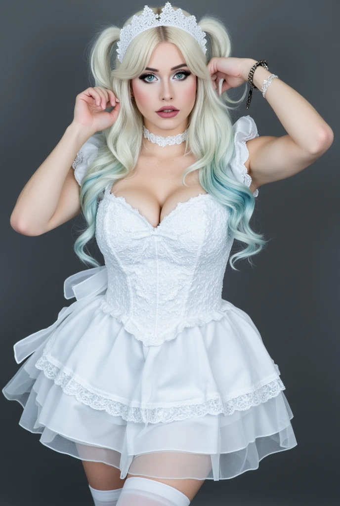 age 18, slim, e-girl, goth girl,( Masterpiece, 4k resolution, ultra-realistic, very detailed) long white hair with blue highlights, blue eyes, wearing a frilly white ****ta dress, sissy, high petticoat skirt, bow in her hair, bow in her hair, white stockings, dressed in a sexy white maid outfit, Caucasian pale skin, drag queen makeup, small breasts