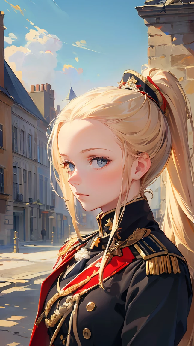 (((Best quality, 8k, Masterpiece: 1.3)), ((best quality)), ((masterpiece)), (detailed), perfect face, Military uniform, French officer, Napoleon, blonde hair, ponytail