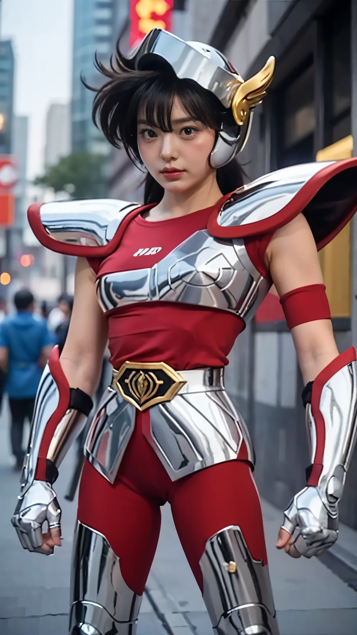 A female warrior standing confidently in the middle of a modern city street. She is wearing a metallic silver and red armor suit, featuring a sleek and futuristic design. The armor includes silver shoulder plates, forearm guards, and shin guards, with a bright red bodysuit underneath. Her belt has a gold emblem at the center, and her helmet has a unique design with a wing-like golden ornament on one side. The character has short black hair styled with a dynamic flair, adding to her bold and heroic appearance. The background shows an urban environment with blurred details to emphasize her presence.