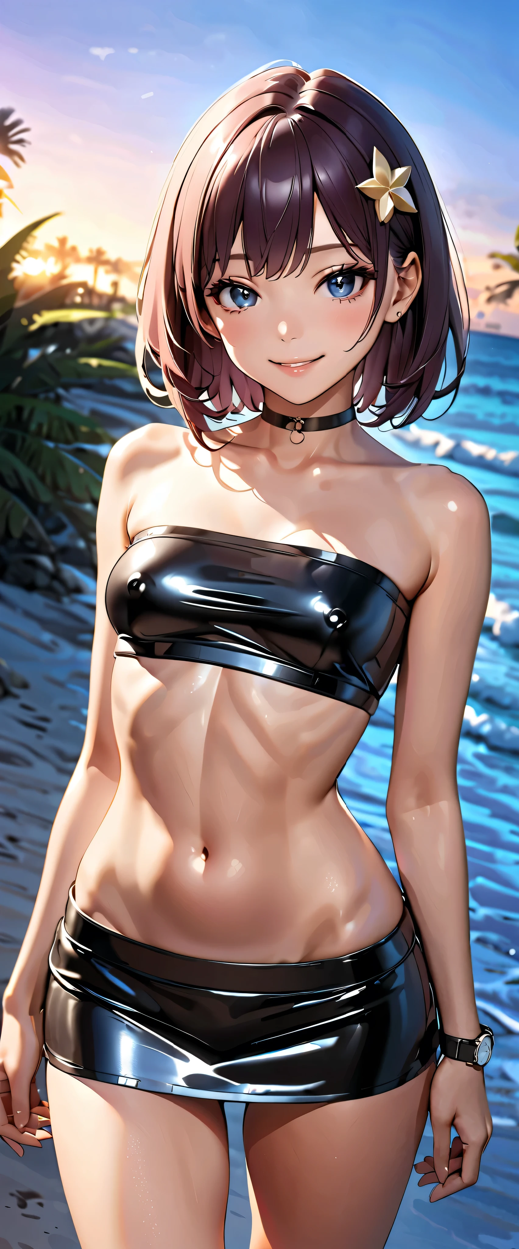  top quality ,  super high res, ( realistic:1.4), One person,   small breasts,  black chokers, smile, Exposing shoulders,  Focus Only ,  Watch viewers,Fair skin,sunset, palm trees, photon mapping,  looking up with moist eyes,  RAW photos ,  very detailed background, K-pop idol, is written by,beach, hair ornament, detailed face , pubic skin, game cg,whole body, shiny micro mini skirt,black shiny micro tube top, covered nipples