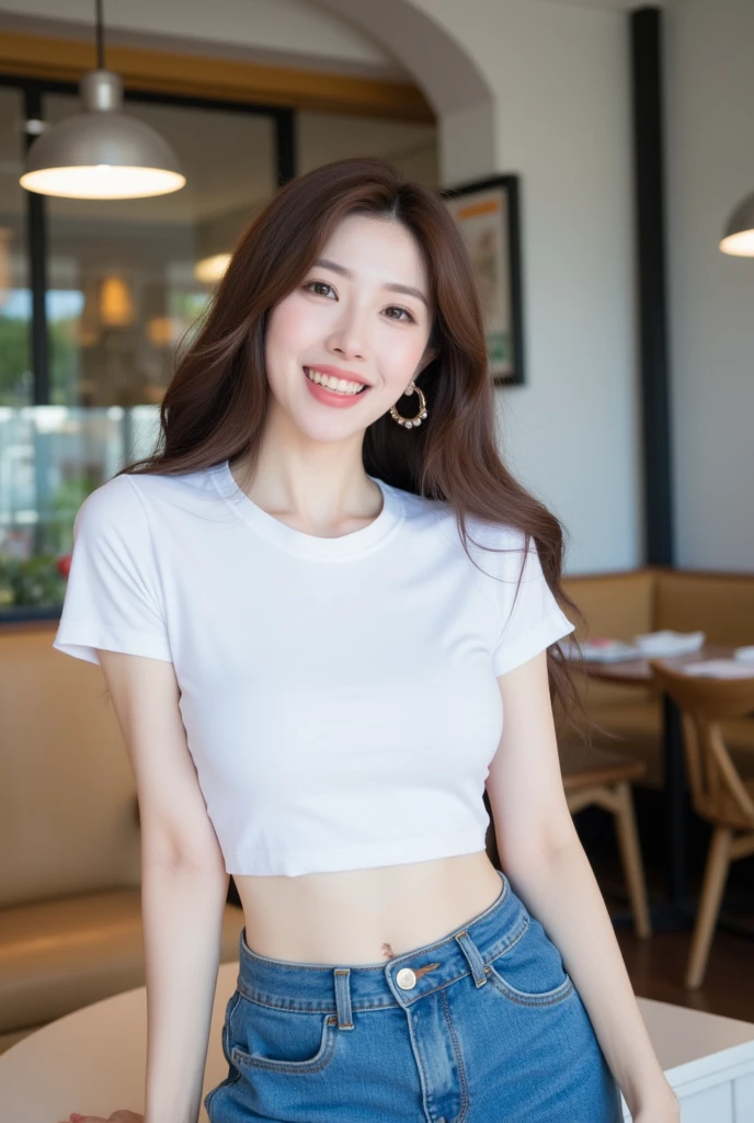 . The image is a digital graphic of a Thai woman. ,White skin and brown hair , Looking with a neutral face color . Smiling, seeing white teeth, facial features include black eyes and a slight smile..  Cafe Background , focusing attention on her face,, wearing a cropped T-shirt, round neck, short sleeves, white , Short Pencil Blue Denim Skirt, wearing white sneakers ,Random Poses,Standing posture,Alone in a cafe