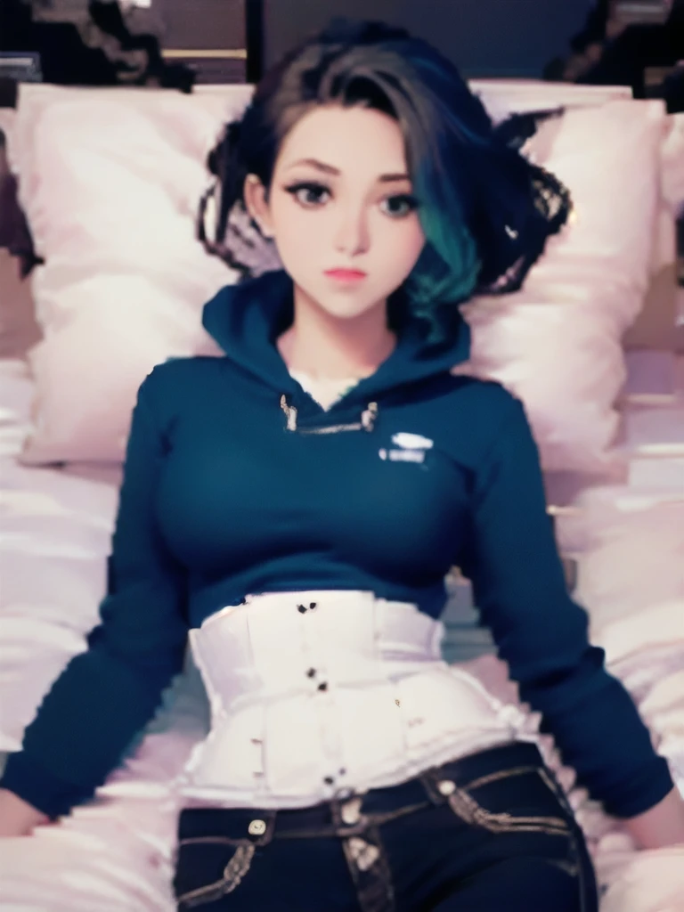 1 girl, ( dark blue hair:1), (yellow eye:1), (blusa branca:1.3), pale skin, (sentada:1.2), sobre a cama, dentro do quarto, ambient lighting, cintura pra cima, facing the camera, (elf ears), anime girl, realistic, short jeans, pose