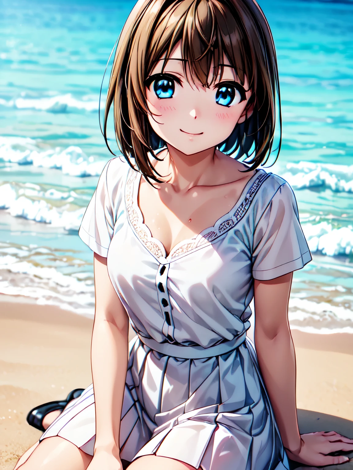 resolution、 top quality 、 super high quality 、 One Girl 、solo、Hayate、 shot from the front 、Sitting、smile、( anime illustration style:1.10),8k、Original photo、( mastepice )、( top quality )、 Physically Based Rendering 、 brown hair 、 sandy beach、_white_Shirt、burnt skin 、brownish color、 Pleated Dress ,( real、 Photorealistic :1.4)