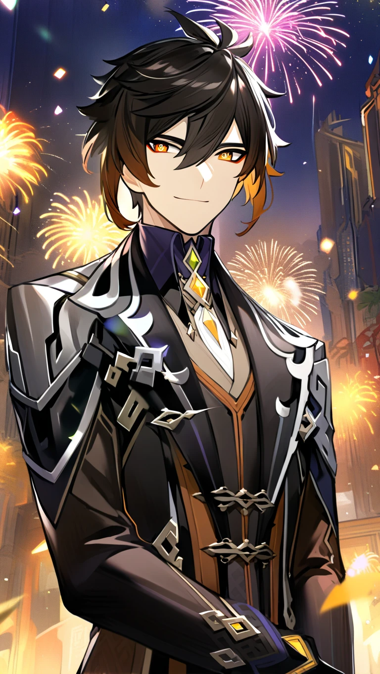 absurd res, high res, (masterpiece:1.4) (/genshin impact/), zhongli, tall male, wearing black turtle neck shirt, dark sweater, soft smiling, brown hair, yellow eyes, built body, fireworks on the background, looking to the side