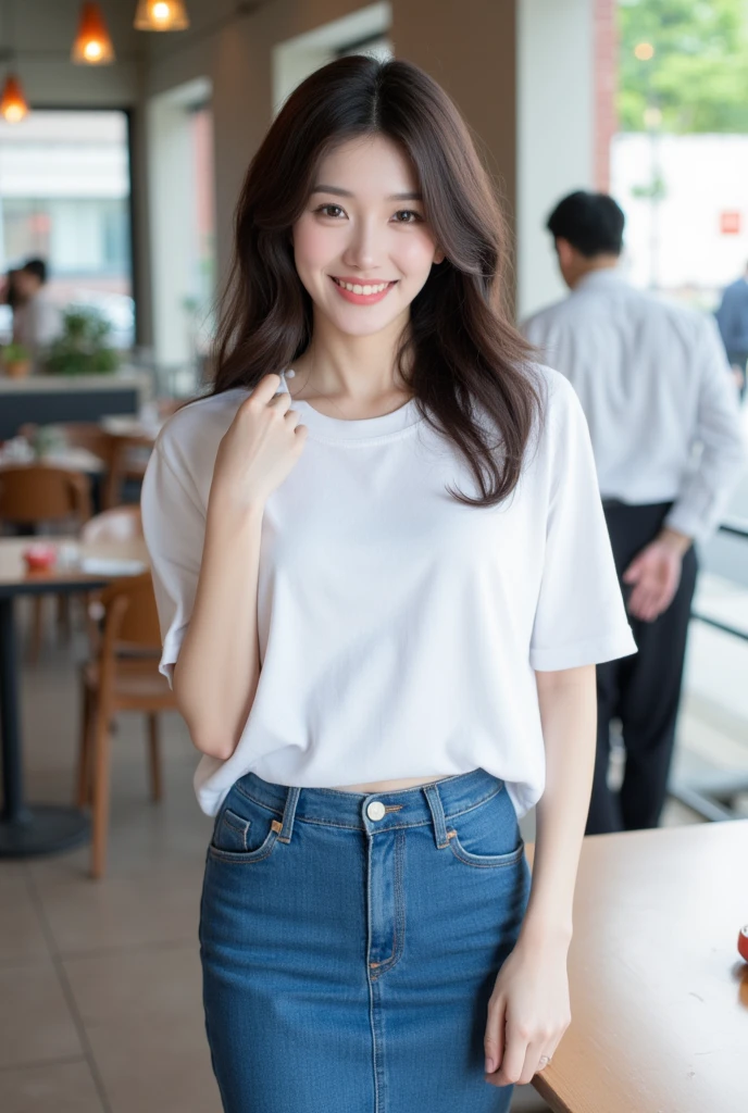 . The image is a digital graphic of a Thai woman. ,White skin and brown hair , Looking with a neutral face color . Smiling, seeing white teeth,, facial features including black eyes and a slight smile..  Cafe Background , focusing attention on her face,, wearing a cropped T-shirt, round neck, short sleeves, white , Short Pencil Blue Denim Skirt, wearing white sneakers ,Random Poses,Standing posture,Alone in a cafe