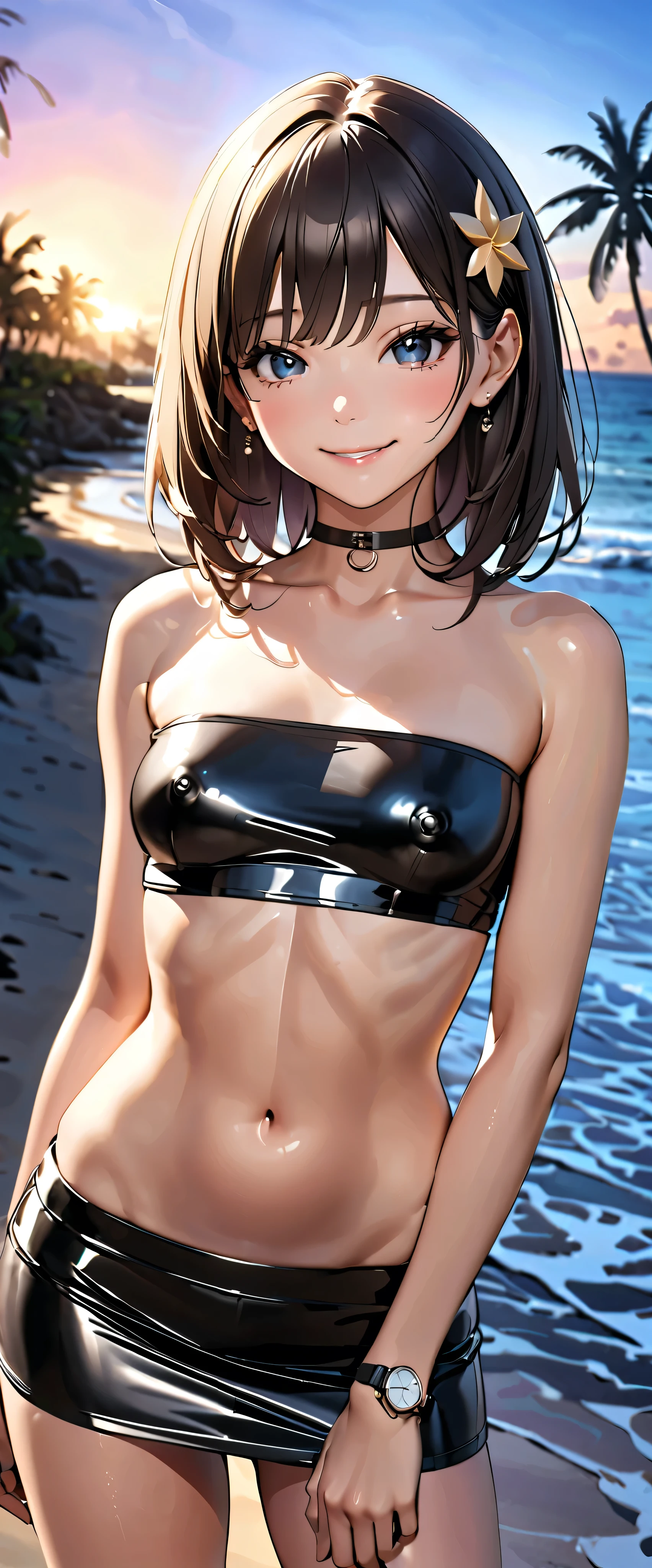 top quality , super high res, ( realistic:1.4), One person, small breasts, black chokers, smile, Exposing shoulders, Focus Only , Watch viewers,Fair skin,sunset, palm trees, photon mapping, looking up with moist eyes, RAW photos , very detailed background, K-pop idol, is written by,beach, hair ornament, detailed face , pubic skin, game cg,whole body, shiny micro mini skirt,black shiny micro tube top, covered nipples