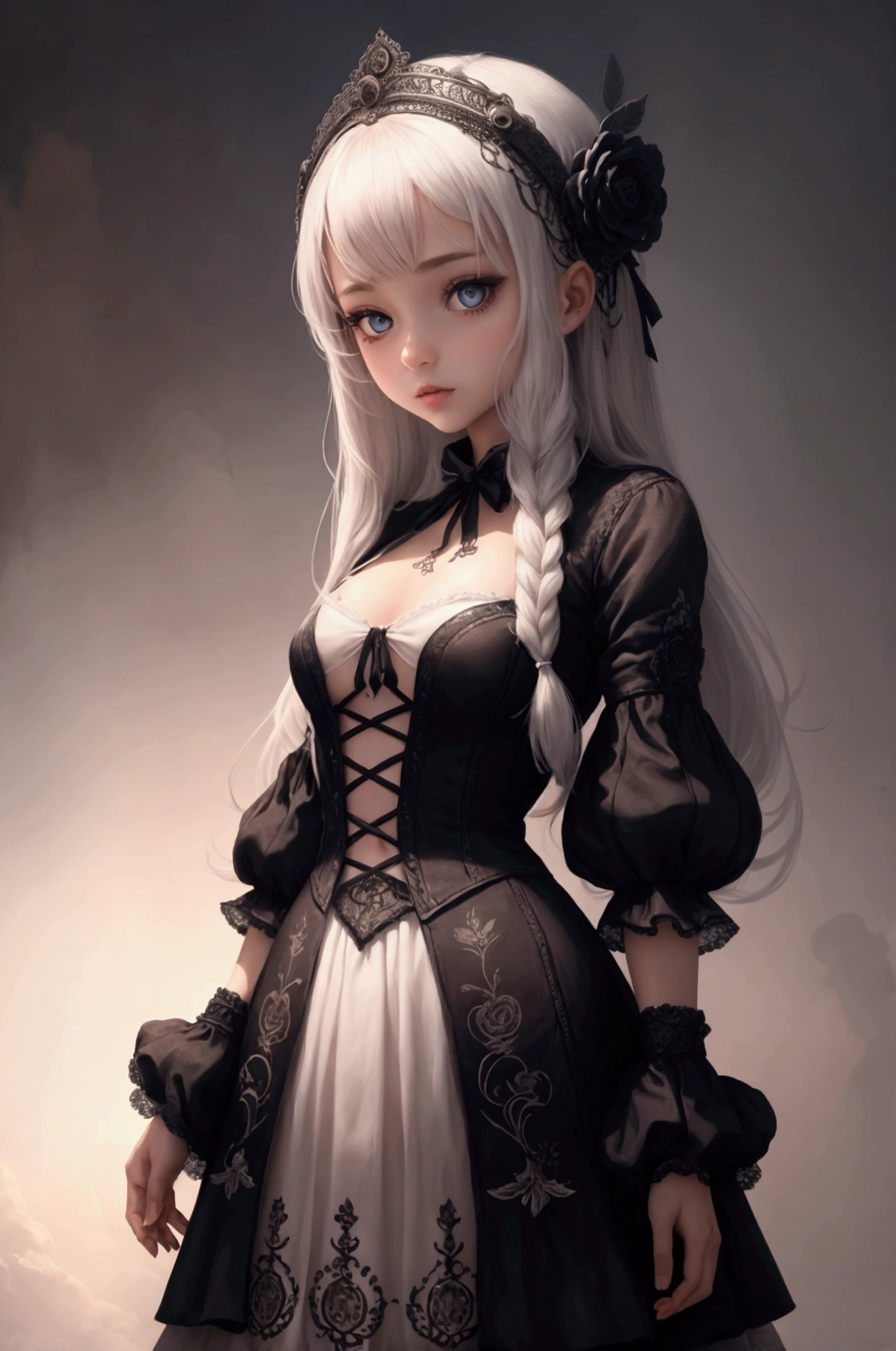 (((masterpiece, of the highest quality, super detailed))), (a witch belonging to an occult order of knights), (a knight crossed with a witch), Victorian era inspired, ((minimal but intricate beautiful armour)), Fluttering lace flared dress with frilly petticoats, ((nier automata meets bloodbourne)), ((((Highly detailed face))),  (big forhead:1.2), (((Very sharp focused eyes))), very long eyelashes, small breasts, (((flat chest:1.1))), occult aesthetic, (red and white clothing detailed and intricate steampunk and detailed gothic), (with a hood), complex lace boots,
