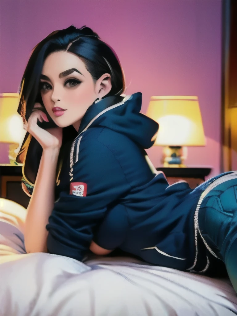 18 year old girl, black hair, blue eyes, (white latex short shorts), ponytail, realistic, (photorealistic: 1.4), smirk, crop top hoodie, laying on bed