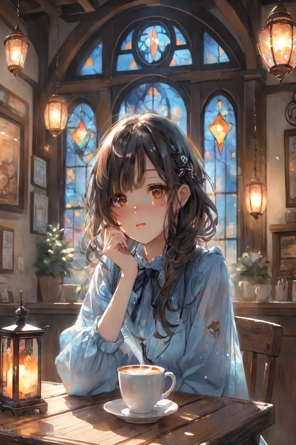 anime girl sitting at a table with a cup of coffee, mysterious coffee shop girl, beautiful anime portrait, artwork in the style of guweiz, anime visual of a cute girl, cute portrait, high quality portrait, cozy cafe background, guweiz on pixiv artstation, cute anime girl portrait, cute anime girl, anime moe artstyle