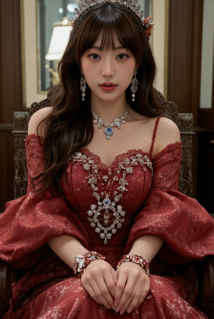 1 girl,beautiful korean girl,long wavy hair , wearing red Queen uniform,diamond embellishment on uniform, studio lighting, , dslr, soft lighting, high quality, light reflections,natural makeup, pale skin, detailed skin, beauty spots, skin fuzz,(full body: 1.3),legs,luxury room,front view,sitting on throne,bare shoulder,queen crown,big blue diamond necklace,diamond accessories,