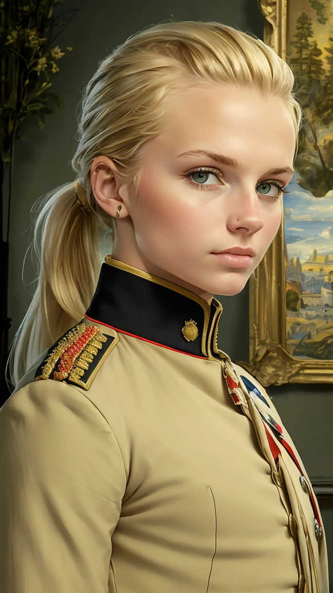 (((Best quality, 8k, Masterpiece: 1.3)), ((best quality)), ((masterpiece)), (detailed), perfect face, Military uniform, French officer, Napoleon, blonde hair, long ponytail