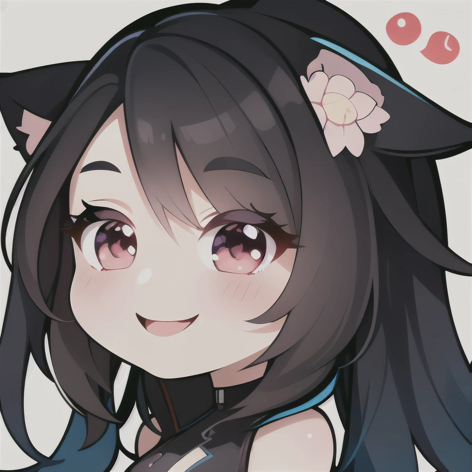 master, chief 1girl, black long hair,cat ears, red eyes, twitch emote, smile ,cartoon, chibi,  