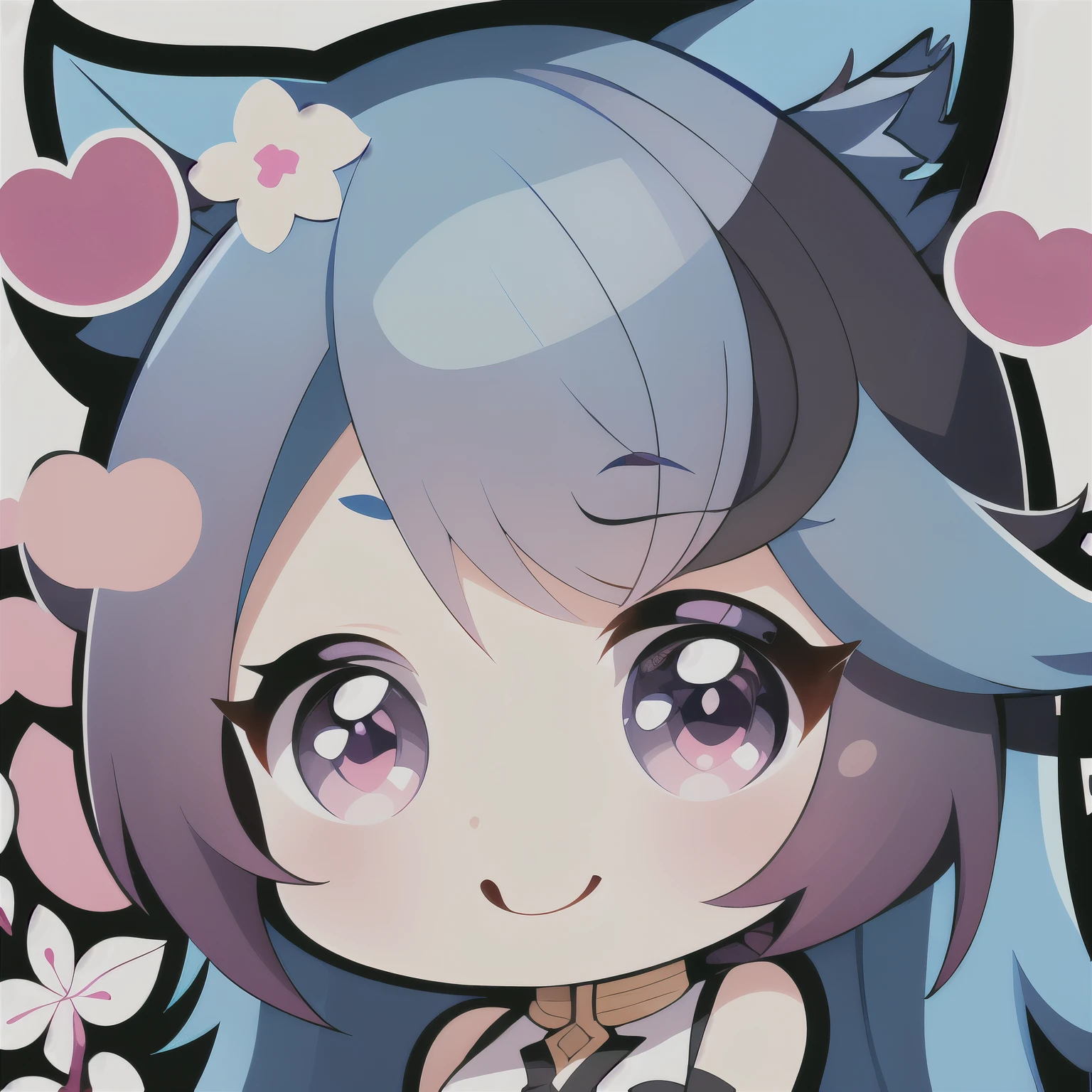 master, chief 1girl, black long hair,cat ears, red eyes, twitch emote, smile ,cartoon, chibi,  