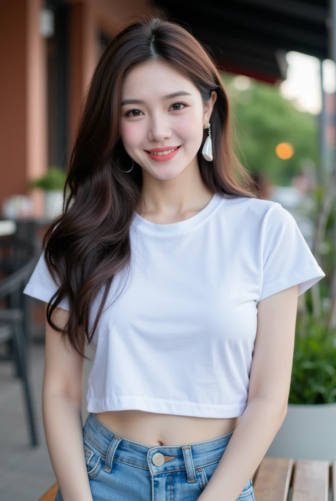 . The image is a digital graphic of a Thai woman. ,White skin and brown hair , Looking with a neutral face color . Smiling, seeing white teeth, facial features include black eyes and a slight smile..  Cafe Background , focusing attention on her face,, wearing a cropped T-shirt, round neck, short sleeves, white , Short Pencil Blue Denim Skirt, wearing white sneakers ,Random Poses,Standing posture,alone