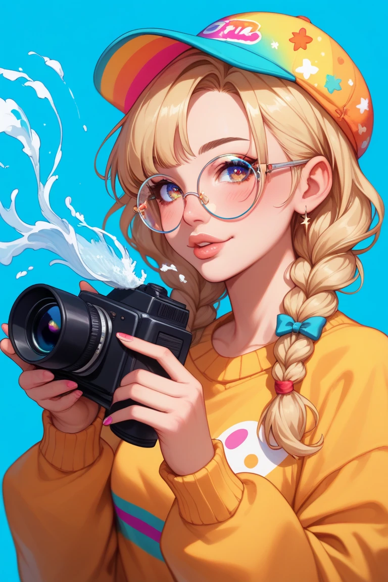 A vibrant anime-style illustration of a young woman holding a vintage camera, wearing a colorful patterned cap and oversized round glasses. Her hair is a mix of blue and blonde, styled in loose waves and braids. She has a cheerful and artistic vibe, with soft blush on her cheeks, glossy lips, and detailed eyes that sparkle with creativity. She is dressed in a bright yellow sweater that contrasts with the blue background. The art style is colorful, highly detailed, and dynamic, with a modern and cheerful aesthetic.