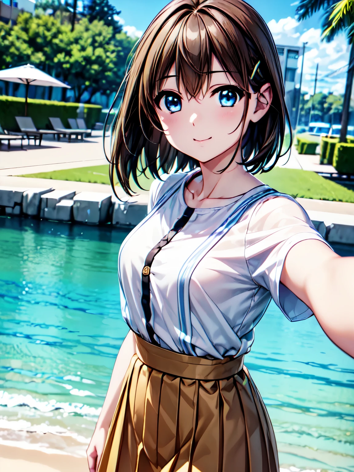 resolution、 top quality 、 super high quality 、 One Girl 、solo、Hayate、 selfie、 shot from the front 、Standing、smile、( anime illustration style:1.10),8k、Original photo、( mastepice )、( top quality )、 Physically Based Rendering 、 brown hair 、 sandy beach、_white_Shirt、burnt skin 、brownish color、 Pleated Dress ,( real、 Photorealistic :1.4)