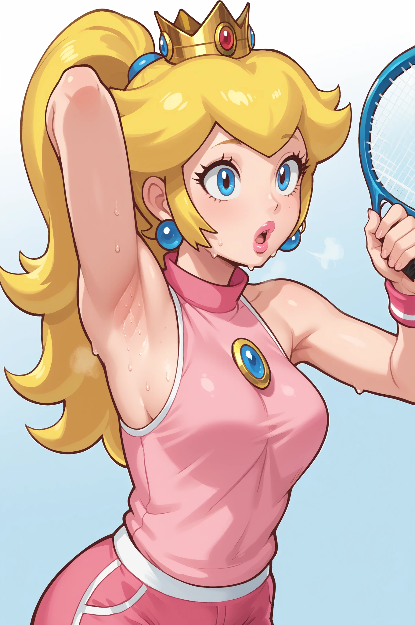 score_9_up, score_8_up, score_7_up, source_anime, (masterpiece, perfectly detailed, detailed face, detailed eyes, beautiful eyes), CuteMaster_PS, 1girl, princess peach, blonde hair, crown, blue eyes, ponytail, jewelry, tennis racket, sleeveless, earrings, ball, armpits, holding, medium breasts, half body, pink shorts, wristband, sportswear, parted lips, shirt, pink lips, out of breath, sweaty, open mouth