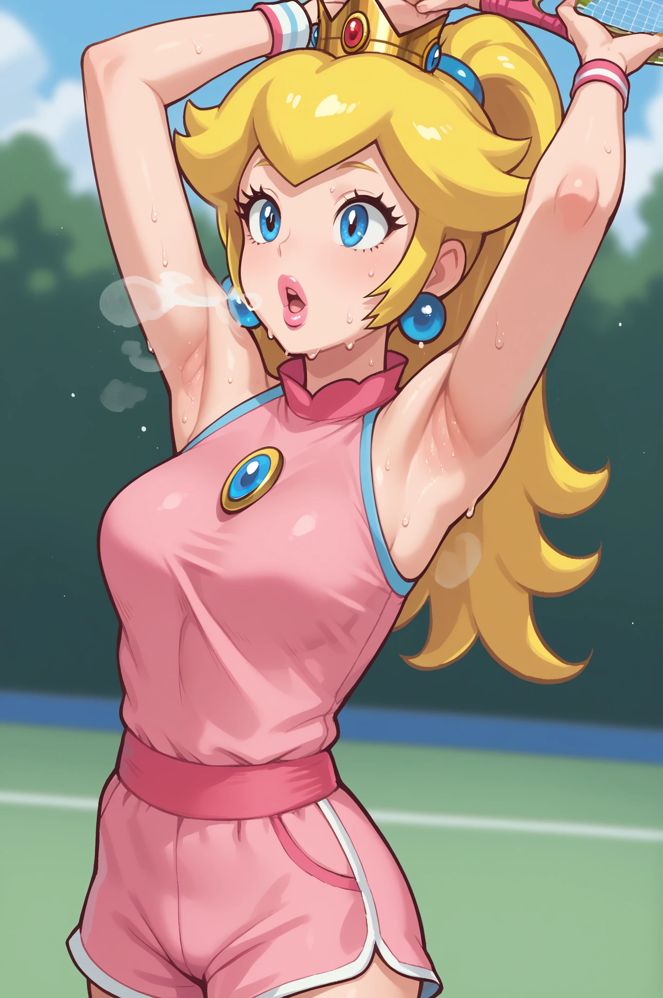 score_9_up, score_8_up, score_7_up, source_anime, (masterpiece, perfectly detailed, detailed face, detailed eyes, beautiful eyes), CuteMaster_PS, 1girl, princess peach, blonde hair, crown, blue eyes, ponytail, jewelry, tennis racket, sleeveless, earrings, ball, armpits, holding, medium breasts, half body, pink shorts, wristband, sportswear, parted lips, shirt, pink lips, out of breath, sweaty, open mouth