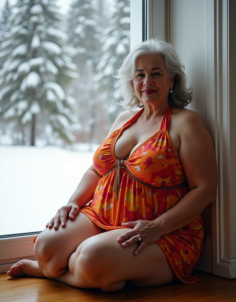 a 80-year-old grandmother in Tamil Nadu, , lying on the snow, showing her sexyd body structure, busty, detailed realistic skin, delicate wrinkles, intricate details, beautiful snow forest background, dramatic lighting, cinematic composition, hyper-realistic, award-winning photography style, cinematic colors, chiaroscuro lighting