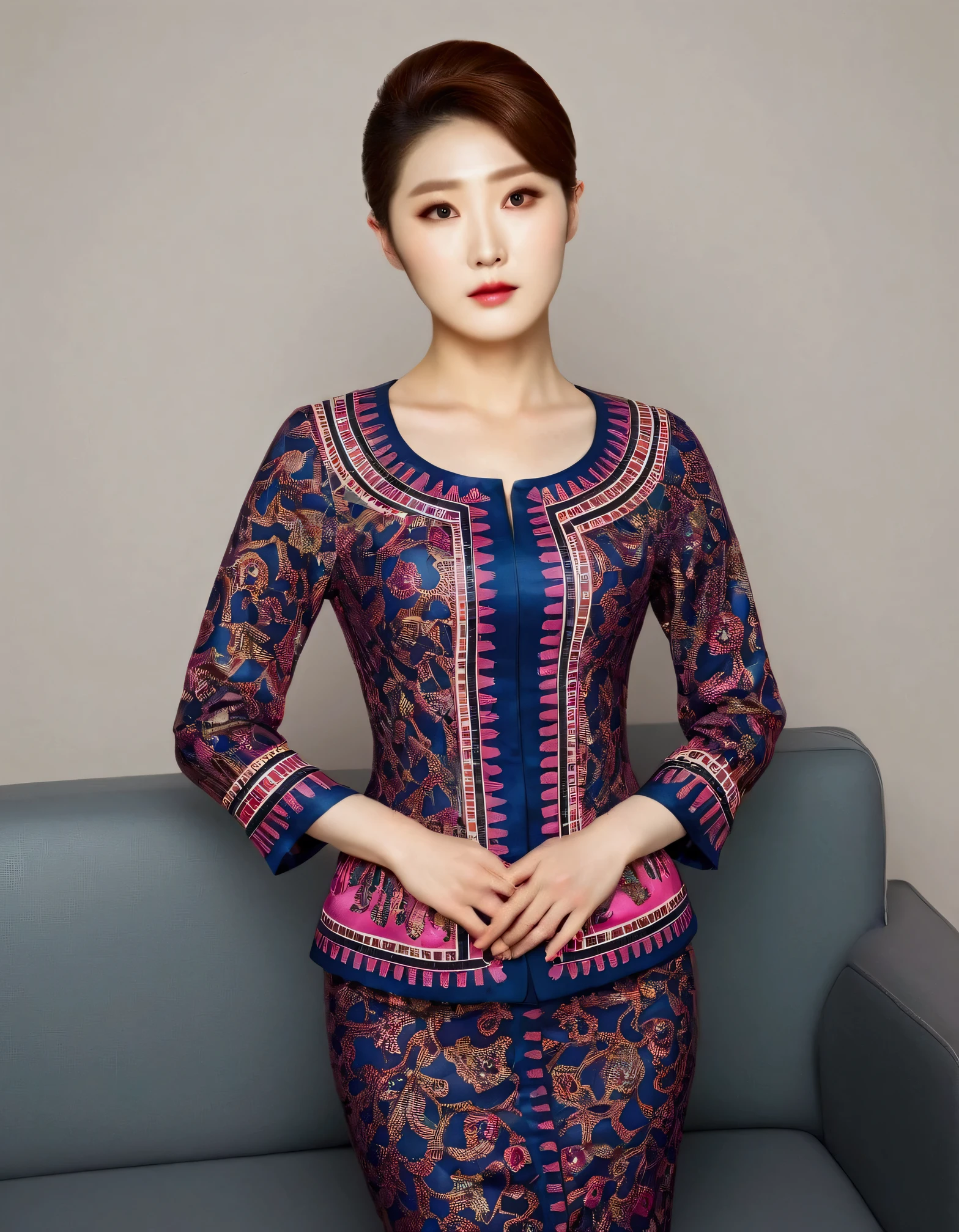 A Korean man underwent surgery to change from a man to a woman. His body became a perfect woman. He has big breasts on his chest like a woman. But his face is still a man's face without any changes. His hairstyle is also a man's style without any changes, Korean man in female stewardess uniform, long sleeves, pink, satin, dress set, Two-piece skirt suit, Rich lace and frills, sit quietly