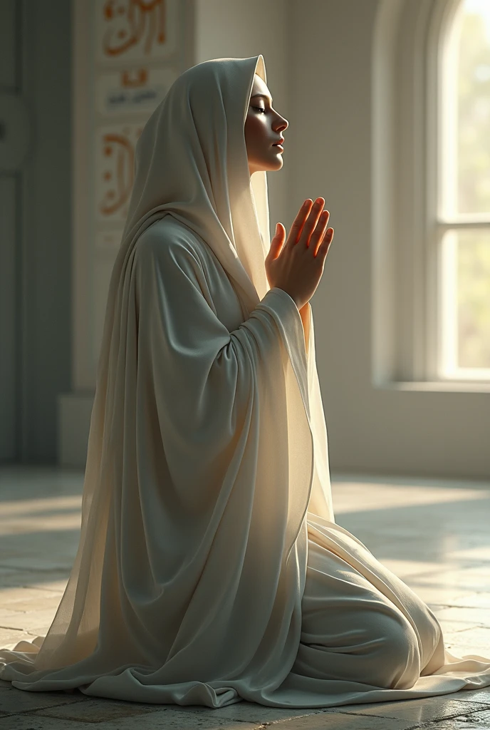 Muslim lady,  wearing Muslim dress, covered her hear with hijab, sitting in peay carpet, raised her hand and looking up, 
