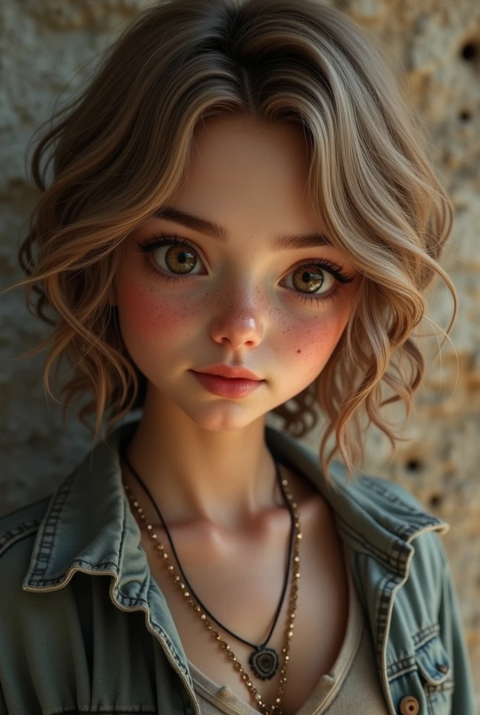 light brown hair. teenager with curly hair
only curly on the ends looks almost 18 not so messy hair. girl showlder length hair. realistic. older face, blue/green eyes