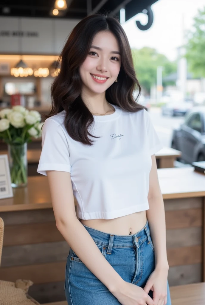 . The image is a digital graphic of a Thai woman. ,White skin and brown hair , Looking with a neutral face color . Smiling, seeing white teeth,, facial features including black eyes and a slight smile.. The background is a cafe, focusing attention on her face,, wearing a cropped T-shirt, round neck, short sleeves, white , Short Pencil Blue Denim Skirt, wearing white sneakers ,Random Pose ,Standing posture,