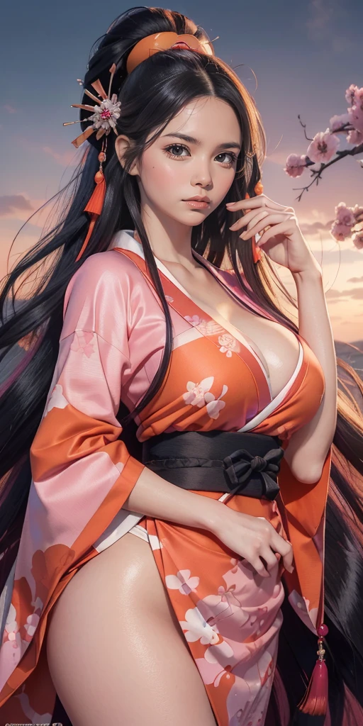 (((masterpiece))), Nezuko, (1girl, Ultra-realistic photo of Nezuko Kamado, a very beautiful woman, bright pink eyes, (((blushed face))), long black hair and orange hair tips), (Japanese pink kimono), Nezuko, (ultra giant breasts, huge breasts that are about to explode, showing beautiful pointy breasts, huge breasts out of her clothes), (based on the Demon Slayer kimetsu no yaiba), clean and detailed anime art, professional art, perfect detail, Professional photos taken up close, (((hand on crotch, pussy juice, seductive pose))),