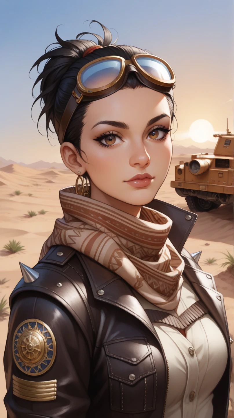 Eye-level shot of the Saudi Arabian woman in a dusty, leather desert jacket with shoulder pads and weathered goggles resting on her forehead. Her dark hair falls in loose waves, framing her fierce golden brown eyes as she gazes intensely into the distance. Beside her, the man stands in a rugged scarf, face partially covered, eyes narrowed with determination. Behind them, the spiked wheels of their desert cruiser are visible, parked on a sun-baked dune. The characters’ attire combines 1980s punk elements with practical desert gear, giving them a gritty, survivalist edge.