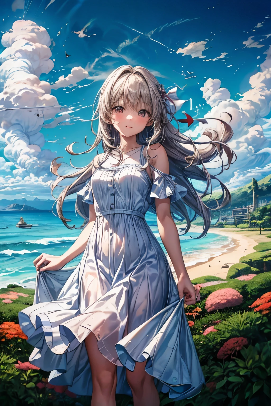 masterpiece,  high res,  Beautiful Scenery ,   high detail ,  1 girl, Middle character ,  Beach , Fj,  studio light ,  depth of field . The girl stands on the  Beach  with her colorful umbrella,  Smiling and staring at the viewer.  she is wearing a beautiful white dress , Her hair is blowing in the wind. The scenery is calm and serene. Partly cloudy, Floating clouds, A few clouds, Swirling Clouds. The sun shines on the surface of the sea .  the ocean waves are quietly crashing on the shore, Produces a calm and soothing sound.