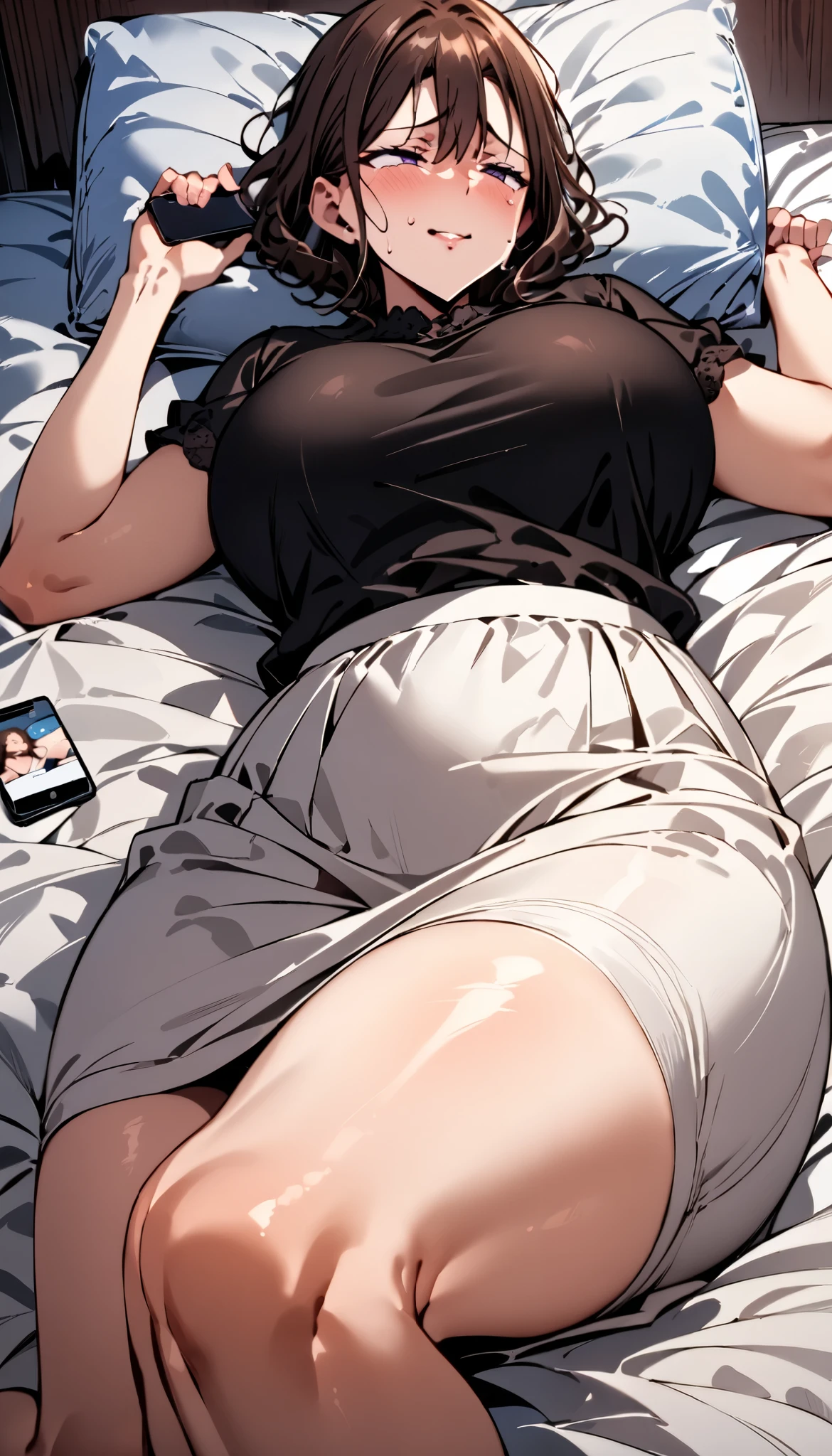 masterpiece, High definition,   beautiful girl , MILF,  huge  ,   hourglass-like body ,  bedroom bed , Lying in bed  , clothes{(  black short sleeve blouse ,   white long skirt  ,)}, Brown short haired waves , matron, A worried face, Lying down and looking at my phone, married woman, Dynamic view 