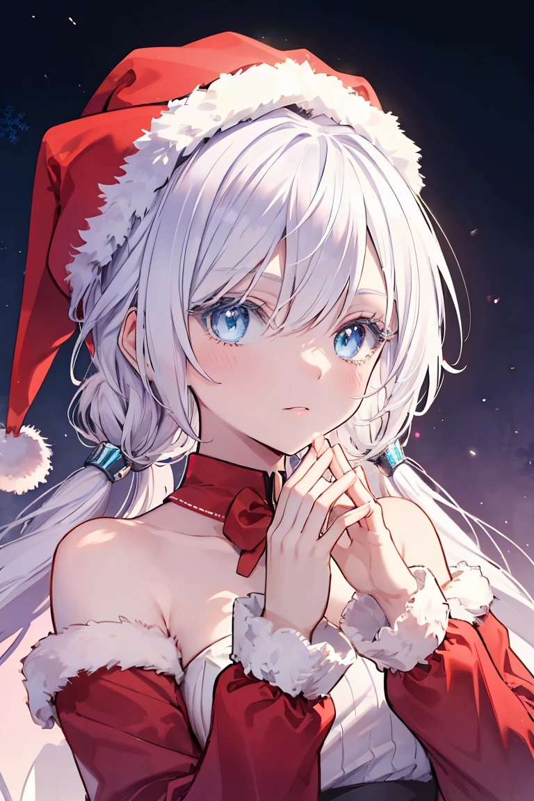 Young woman, long flowing white hair, blue eyed tinged with a shade of lavender, delicate skin, perfectly shaped hands, detailed hands covered in an icy aura. life-like portrayal, cold glinted eyes, masterfully crafted features, red santa claus outfit