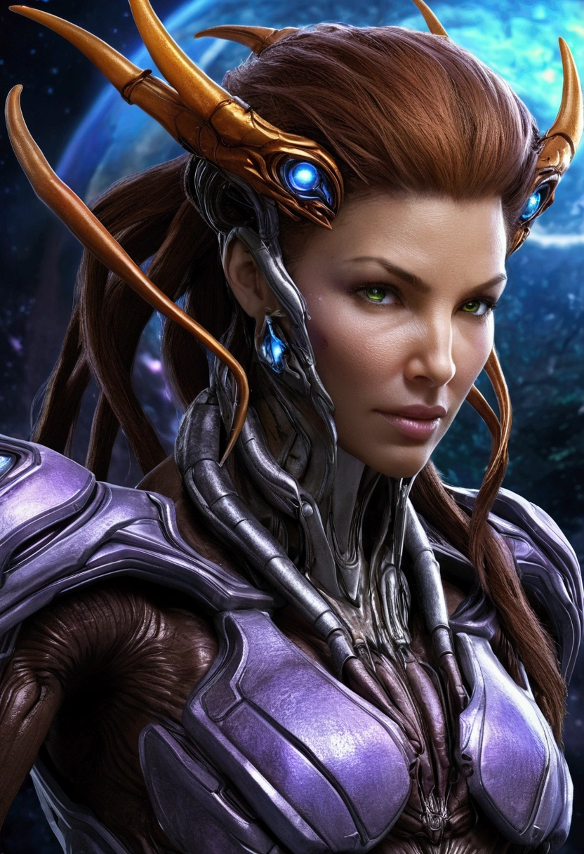  Sarah Kerrigan infecté , Au premier plan, univers de Starcraft 2 Heart of the Swarm , très grand fond magnifique en arrière plan futuriste planètes visibles dans le ciel... arrière plan zegling, hydralisks, ultralisk