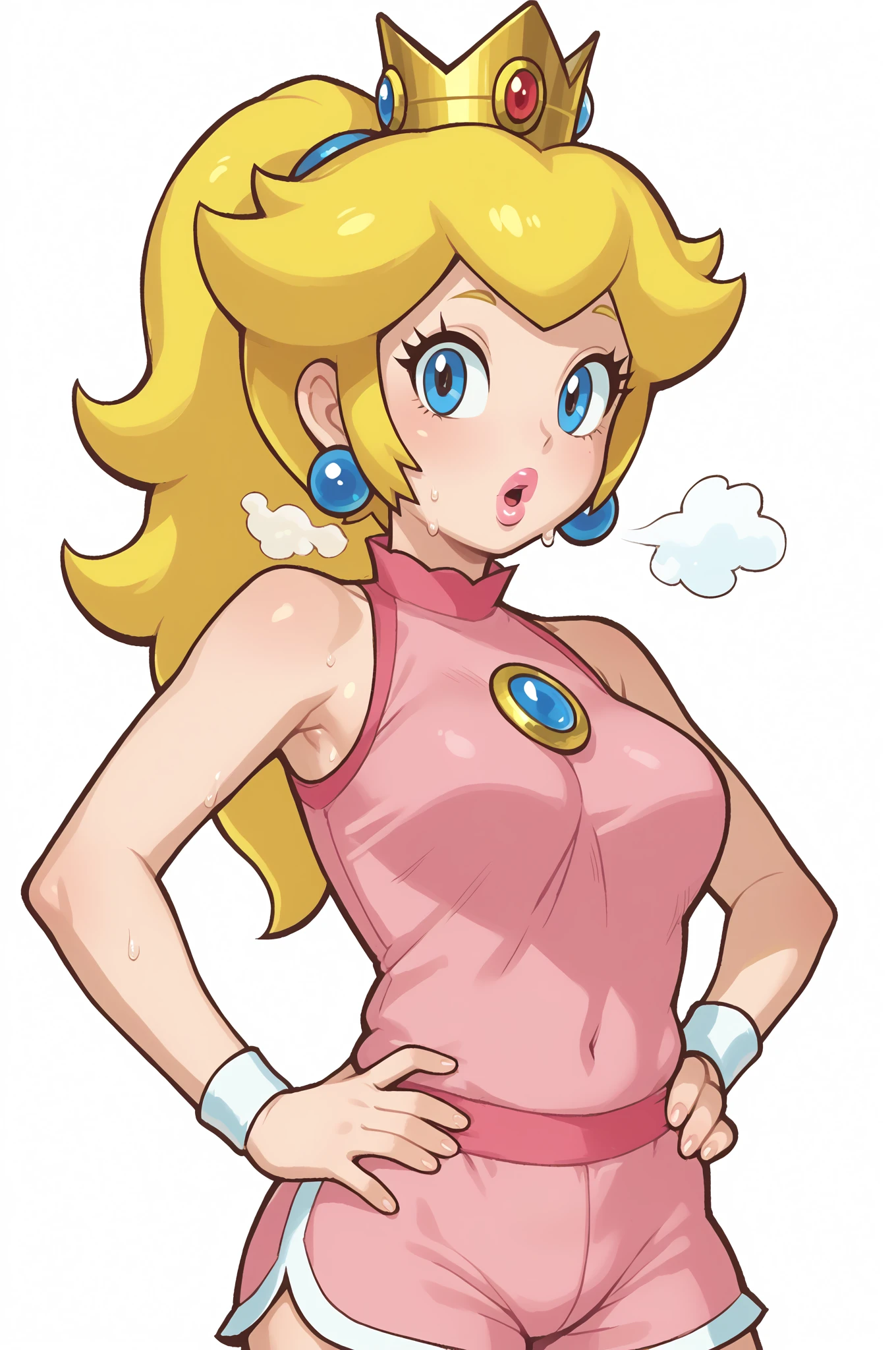 score_9_up, score_8_up, score_7_up, source_anime, (masterpiece, perfectly detailed, detailed face, detailed eyes, beautiful eyes), CuteMaster_PS, 1girl, princess peach, blonde hair, crown, blue eyes, ponytail, jewelry, sleeveless, earrings, medium breasts, half body, pink shorts, wristband, sportswear, parted lips, shirt, pink lips, out of breath, sweaty, open mouth,  hands on hips