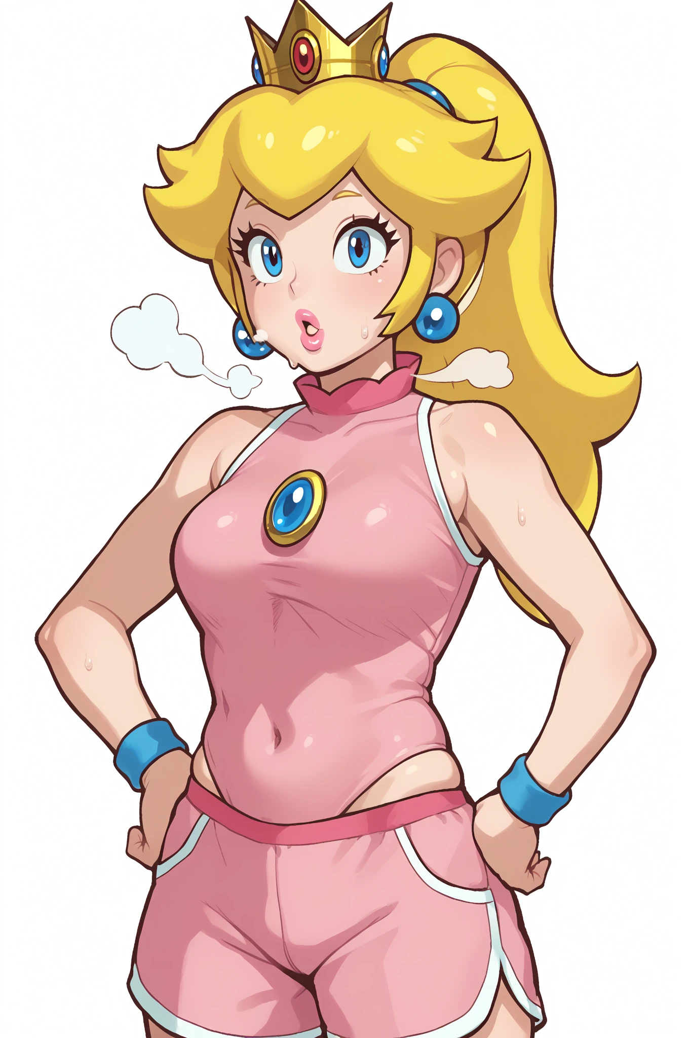 score_9_up, score_8_up, score_7_up, source_anime, (masterpiece, perfectly detailed, detailed face, detailed eyes, beautiful eyes), CuteMaster_PS, 1girl, princess peach, blonde hair, crown, blue eyes, ponytail, jewelry, sleeveless, earrings, medium breasts, half body, pink shorts, wristband, sportswear, parted lips, shirt, pink lips, out of breath, sweaty, open mouth,  hands on hips