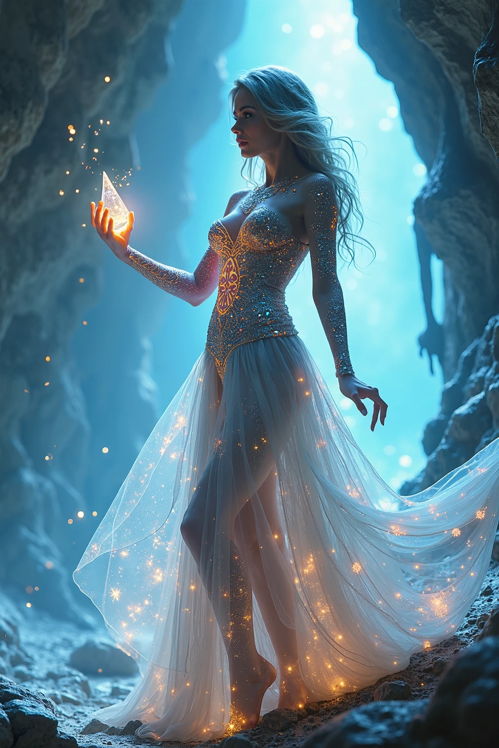 Arafed woman in a white dress holding a glowing fire - SeaArt AI