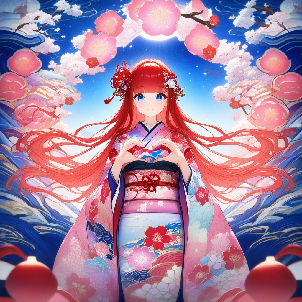   1 girl、Girl、 wearing a kimono with red hair  、   kimono is a furuso with a happy New Year pattern、 Shoulder-length hair、 blue eyes、 bright smile、 The hair ornament is a cherry blossom 、   posing making a heart with both hands   、   Facing me, sitting in a straight position 、  PROFILE  、In 8K、 lens flare 、 fun atmosphere、Shine、Familiar with、  complicated 、Many colors、  bright light from the front with blue background 、  Trending Art Station 、Extremely detailed 、  Unreal Engine 5 、masterpiece、 top quality 、 whole body、 The background is an image of Japanese New Year, and the 