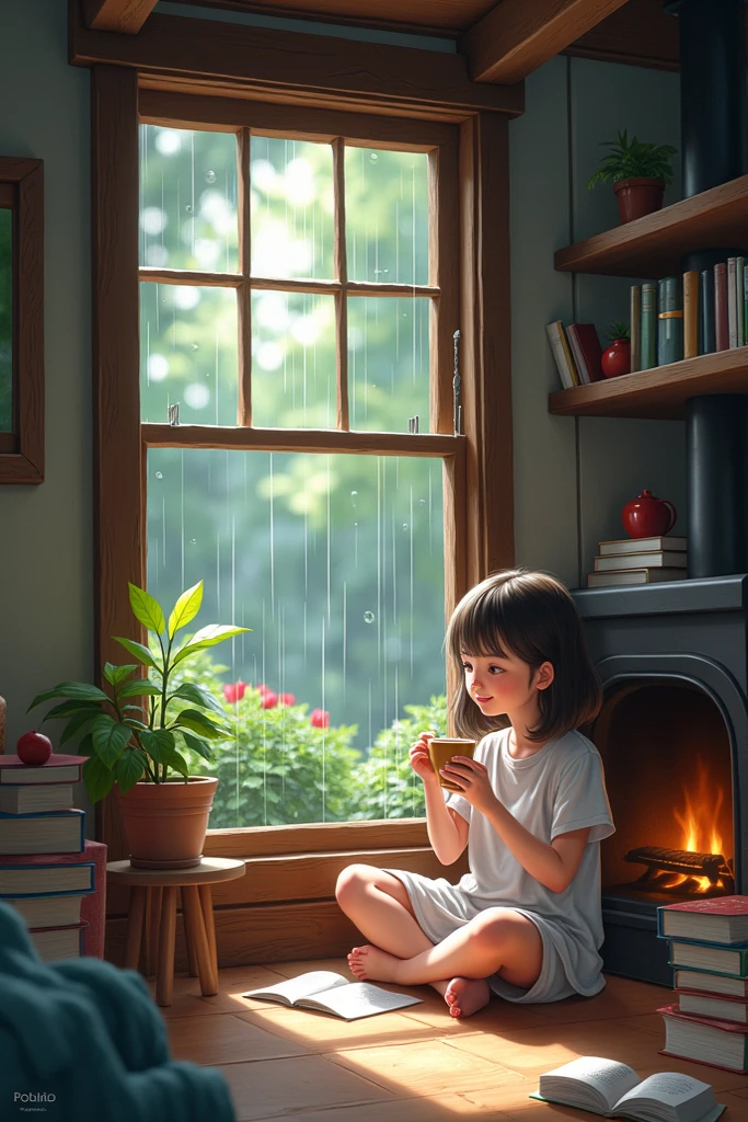 A peaceful cottage interior, with a girl sitting on the floor - SeaArt AI