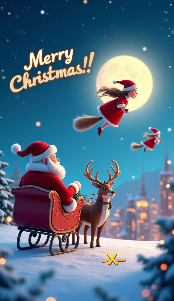 (masterpiece、 High Quality 、 high image quality、8k、16k、 Details)、( Christmas Wallpaper :2.0)、 Santa on a reindeer sleigh and 、 A witch in Santa's costume is flying through the sky on a broom、 Two People Are Flying Differently 、Moon in the Night Sky 、( 「 Merry Christmas !」 with :2.0)、 A Beautiful Night Sky 、The logo 、 written on it can be seen under the two of them {x} and the city of Christmas lights、 Pixar style、3d illustration、Comical pictures、(wallpaper:2.0)