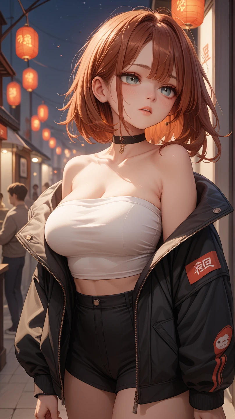 Chinese woman, Intimate, busty, long auburn hair, feeling , in love, wearing jacket with white inner strapless shirt, black choker, at a brothel at night