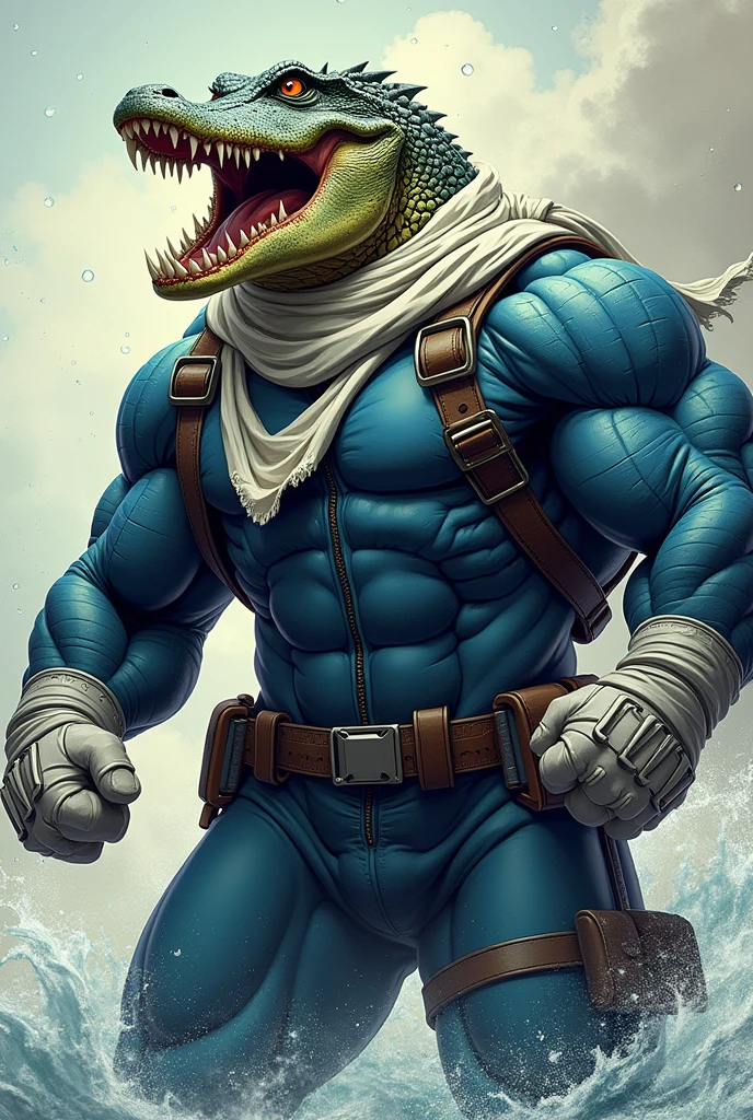 (A rugged beefy very muscular bulky snarling crocodile man), (wearing blue zipper wetsuit), fist up pose, wearing harness, wearing bulky scuba gear, wearing white hero scarf, muscular physique, toned muscles, fierce, heroic, action, comic artstyle, bulky best quality, wearing white combat gloves. wearing gun holster on left thighs, dynamic action pose, fierce expression, showcasing an imposing stature, powerful, best quality image, action-packed atmosphere, masterpiece.