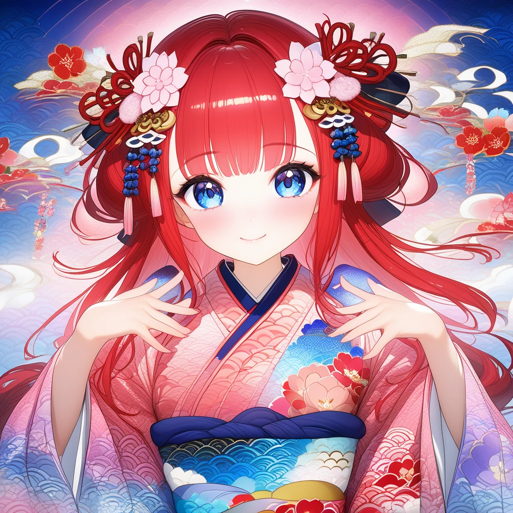   1 girl、Girl、 wearing a kimono with red hair  、   kimono with the face facing forward is a pattern with a happy New Year's image、 Hair length is shoulder length、 blue eyes、 bright smile、 The hair ornament is a cherry blossom 、   posing making a heart with both hands   、   Facing me, sitting in a straight position 、  PROFILE  、In 8K、 lens flare 、 fun atmosphere、Shine、Familiar with、  complicated 、Many colors、  bright light from the front with blue background 、  Trending Art Station 、Extremely detailed 、  Unreal Engine 5 、masterpiece、 top quality 、 whole body、 The background is an image of Japanese New Year, and the 