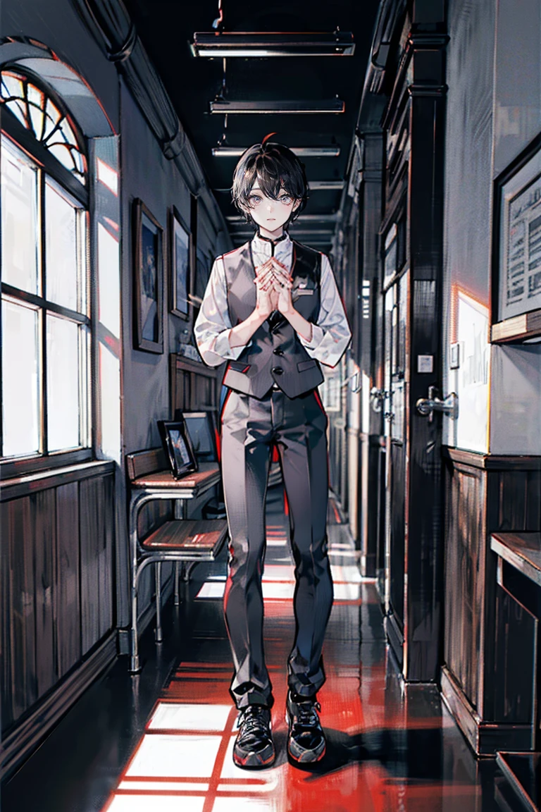 Wide full-body view, a man standing with his hands on a desk, 8K resolution, high detail, around 20 years old, (one male:1.5), black hair, long bangs:1.5, parallel eyebrows, sanpaku eyes, droopy eyes, dark red eyes, student-like attire, white shirt, dark red knit vest:1.5, black pants, black sneakers, bandaged neck, classroom, desks and chairs arranged haphazardly, black, dark red, dimly lit classroom, dark:1.5, ((UHD, masterpiece, super detail, best quality, high-res, 8k)), (detailed line art), {perfect face, perfect body, perfect hands, perfect feet}.