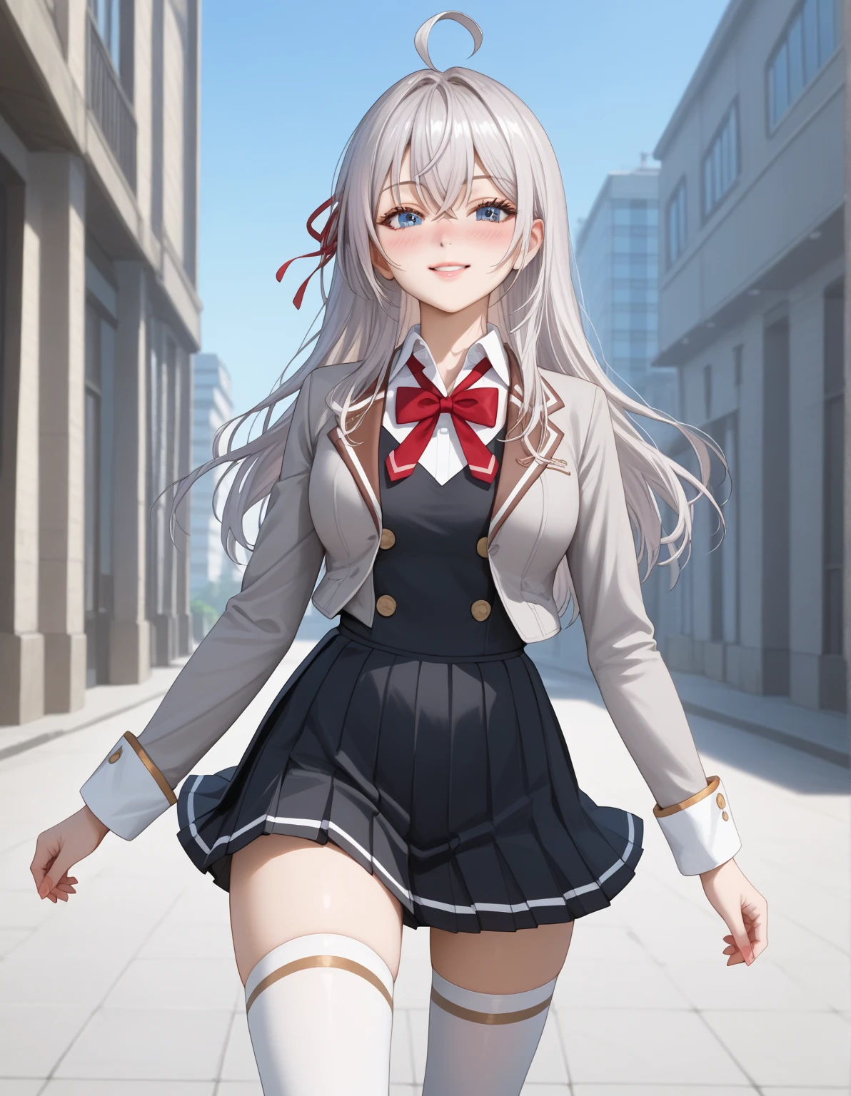 photorealistic, detailed coloring, anime style, detailed high quality, chromatic aberrations, ultra detailed quality skin, detailed ray tracing lighting,, masterpiece、 best quality、masterpiece, high definition , 8K quality, perfect face, alya_fanart,  Alisa Mikhailovna Kujou , long hair, silver hair, ahoge, crossed bangs, red hair ribbon, sidelocks, blue eyes, large breasts, large butt、 slender 、 beautiful face、 Thin Waist、 confident smile, (nose blush), Glossy lips, red cheek, school uniform, grey jacket, open jacket, long sleeves, red bowtie, white shirt, collared shirt, buttons, black vest, pleated skirt, white thighhighs, black loafers, Model Pose, cowboy shot, sensual expression, dynamic angle, In the school courtyard、nude